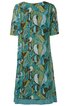 Kleid in türkis und grün mit abstraktem Muster, kurze Ärmel, rundhalsausschnitt, knielang, gerade geschnitten, mit abgestepptem Saumabschluss