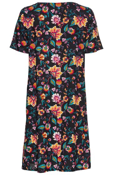 Knielanges Kleid, schwarz, buntes Blumenmuster in Orange, Pink und Grün, kurze Ärmel, Rundhalsausschnitt, gerade geschnitten