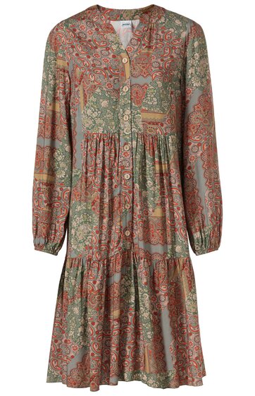 Gemustertes Kleid in Grün, Orange und Braun mit Blumen- und Paisleymuster, lange Ärmel mit Bündchen, Knopfleiste vorne, Stehkragen, taillierter Schnitt mit Stufenrock, knielang