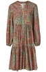 Gemustertes Kleid in Grün, Orange und Braun mit Blumen- und Paisleymuster, lange Ärmel mit Bündchen, Knopfleiste vorne, Stehkragen, taillierter Schnitt mit Stufenrock, knielang