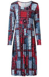 Langärmliges Kleid in Dunkelblau, Rot und Hellblau mit geometrischem Patchwork-Muster, Rundhalsausschnitt, knielang, taillierte Form