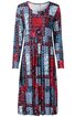 Langärmliges Kleid in Dunkelblau, Rot und Hellblau mit geometrischem Patchwork-Muster, Rundhalsausschnitt, knielang, taillierte Form