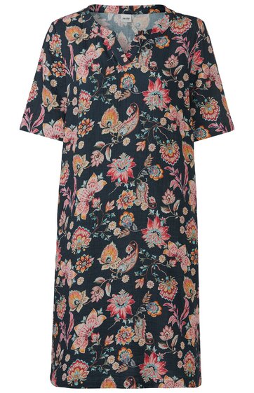 Dunkelblaues Kleid mit buntem Blumenmuster in Rosa, Orange, Hellblau, V-Ausschnitt, halblange Ärmel, gerade geschnitten, knielang