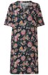 Dunkelblaues Kleid mit buntem Blumenmuster in Rosa, Orange, Hellblau, V-Ausschnitt, halblange Ärmel, gerade geschnitten, knielang
