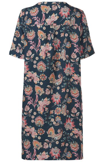 Damenkleid dunkelblau mit buntem Blumenmuster, kurzärmlig, gerader Schnitt, Rückenansicht ohne weitere Verzierungen