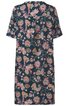 Damenkleid dunkelblau mit buntem Blumenmuster, kurzärmlig, gerader Schnitt, Rückenansicht ohne weitere Verzierungen