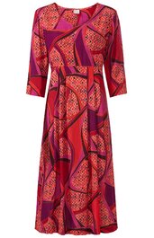 Knielanges Kleid in Rot und Dunkelviolett mit geometrischem Muster, V-Ausschnitt, 3/4-ärmel, taillierte A-Linien-Form