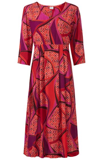 Knielanges Kleid in Rot und Dunkelviolett mit geometrischem Muster, V-Ausschnitt, 3/4-ärmel, taillierte A-Linien-Form