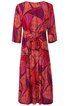 Midikleid mit geometrischem Muster in Rot- und Lilatönen, V-Ausschnitt, 3/4-Ärmel, Wickeldesign mit Bindegürtel, schwingender Rock