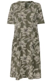 Kleid in Olivgrün mit großem hellbeigem Blumenmuster, kurzärmelig, rundem Ausschnitt, knielang, A-Linien-Form