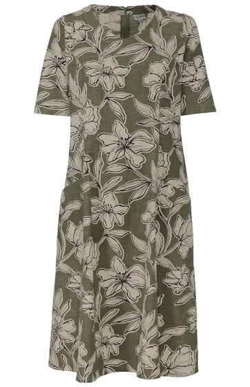 Kleid in Olivgrün mit großem hellbeigem Blumenmuster, kurzärmelig, rundem Ausschnitt, knielang, A-Linien-Form