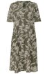 Kleid in Olivgrün mit großem hellbeigem Blumenmuster, kurzärmelig, rundem Ausschnitt, knielang, A-Linien-Form