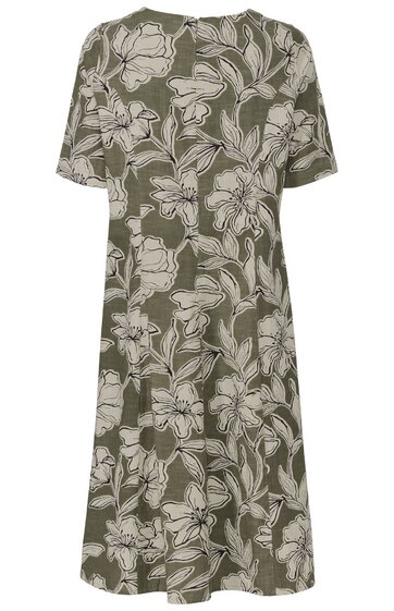 Kurzärmliges Kleid in olivgrün mit weißem großen Blumenmuster, rundem Ausschnitt, knielang, ausgestellte Form