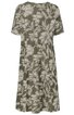 Kurzärmliges Kleid in olivgrün mit weißem großen Blumenmuster, rundem Ausschnitt, knielang, ausgestellte Form