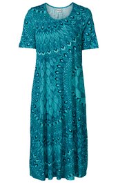 Kleid in türkisblau mit abstraktem, wellenförmigem Muster, Rundhalsausschnitt, kurze Ärmel, knie- bis wadenlang, lockere Form