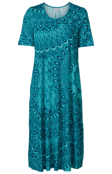 Kleid in türkisblau mit abstraktem, wellenförmigem Muster, Rundhalsausschnitt, kurze Ärmel, knie- bis wadenlang, lockere Form