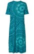 Knielanges Kleid in Türkis mit blauem Mandala-Muster, kurze Ärmel, rundhals, gerade geschnitten