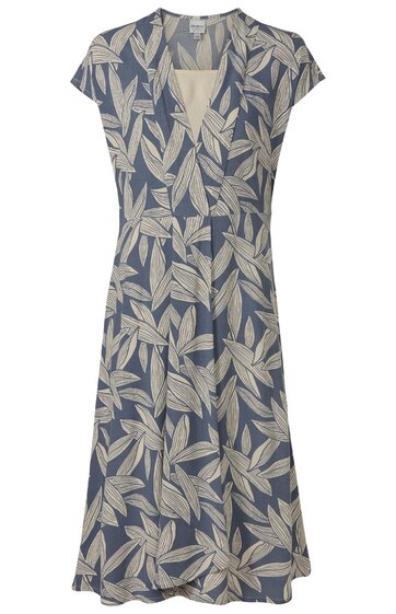 Kleid in blaugrau mit beigem großflächigem Blattmuster, V-Ausschnitt, kurzer Cap-Ärmel, tailliert, knie- bis wadenlang, leicht ausgestellt