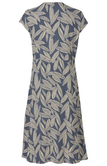 Kleid für Damen in blaugrau mit beigem großflächigem Blättermuster, kurze Flügelärmel, A-Linien-Form, rundem Ausschnitt, knielang