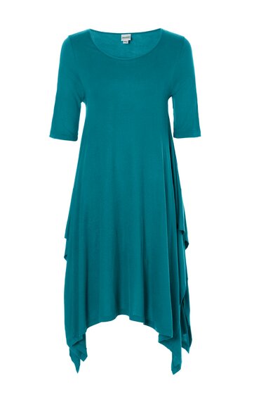 Tunika in petrolblau, einfarbig, Rundhalsausschnitt, halblange Ärmel, asymmetrischer Saum mit spitzen Enden