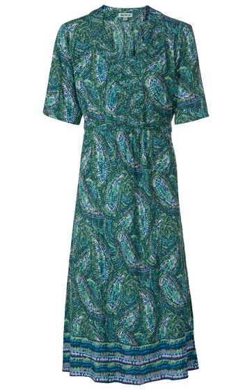 Knielanges Kleid in grün und blau mit Paisleymuster, V-Ausschnitt mit kleiner Knopfleiste, kurze Ärmel, leicht tailliert, Saum mit breitem gemustertem Bordüreinsatz