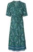Knielanges Kleid in grün und blau mit Paisleymuster, V-Ausschnitt mit kleiner Knopfleiste, kurze Ärmel, leicht tailliert, Saum mit breitem gemustertem Bordüreinsatz