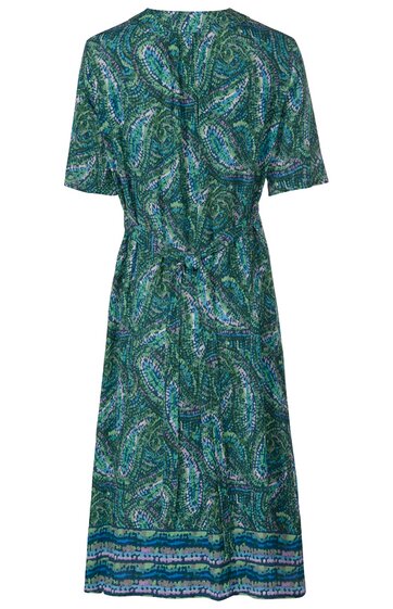 Midikleid in Dunkelgrün mit Paisley-Muster in Blau und Hellgrün, kurze Ärmel, Rundhalsausschnitt, Taillierung mit Tunnelzug