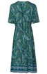 Midikleid in Dunkelgrün mit Paisley-Muster in Blau und Hellgrün, kurze Ärmel, Rundhalsausschnitt, Taillierung mit Tunnelzug