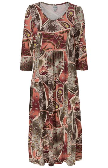 Langärmliges Maxikleid mit V-Ausschnitt, gemustert in Braun- und Rottönen, abstraktes Patchwork-Design, taillierter Schnitt, fließender Rock, langärmlig