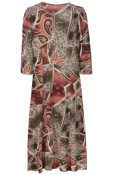 Maxikleid in rostrot, olivgrün und beige, abstraktes Muster mit floralen und geometrischen Elementen, V-Ausschnitt, lange Ärmel, fließender Saum, figurumspielende A-Linien-Form