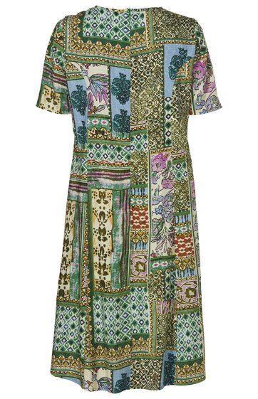 Kleid mittellang mit kurzärmeln, mehrfarbigem Patchwork-Muster in Grün-, Blau- und Beigetönen, Rundhalsausschnitt, lockere Passform