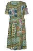 Kleid mittellang mit kurzärmeln, mehrfarbigem Patchwork-Muster in Grün-, Blau- und Beigetönen, Rundhalsausschnitt, lockere Passform