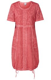 Korallenrotes T-Shirt-Kleid mit Kurzarm, Rundhalsausschnitt, feinem Muster in sich verlaufenden Streifen, Saum mit Tunnelzug und Kordel zum Verstellen