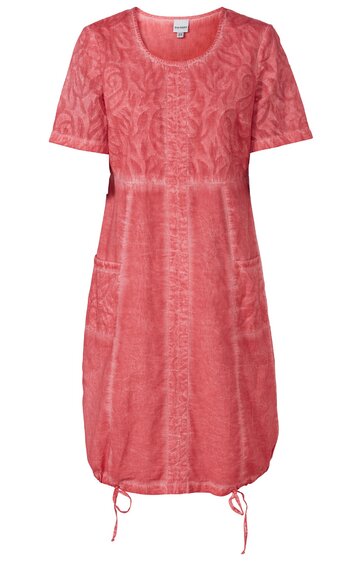 Korallenrotes T-Shirt-Kleid mit Kurzarm, Rundhalsausschnitt, feinem Muster in sich verlaufenden Streifen, Saum mit Tunnelzug und Kordel zum Verstellen