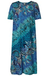 Kleid in Blau- und Türkistönen mit floralem und grafischem Muster, halblange Ärmel, rundhals, knieumspielende Länge, lockere Passform