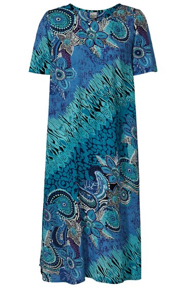 Kleid in Blau- und Türkistönen mit floralem und grafischem Muster, halblange Ärmel, rundhals, knieumspielende Länge, lockere Passform