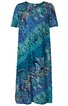 Kleid in Blau- und Türkistönen mit floralem und grafischem Muster, halblange Ärmel, rundhals, knieumspielende Länge, lockere Passform