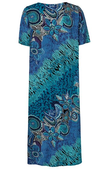 Knielanges Kleid in Blau und Türkis mit abstraktem Muster und floralen Elementen, V-Ausschnitt, kurze Ärmel, gerade Form