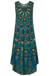Ärmelloses Midikleid in petrolblau, mit buntem geometrischem Muster, rundem Halsausschnitt, ausgestellter Saum, knielang vorne und länger hinten