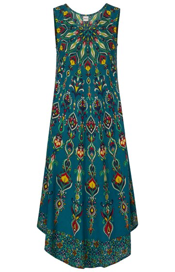 Ärmelloses Midikleid in petrolblau, mit buntem geometrischem Muster, rundem Halsausschnitt, ausgestellter Saum, knielang vorne und länger hinten