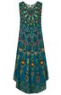 Ärmelloses Midikleid in petrolblau, mit buntem geometrischem Muster, rundem Halsausschnitt, ausgestellter Saum, knielang vorne und länger hinten