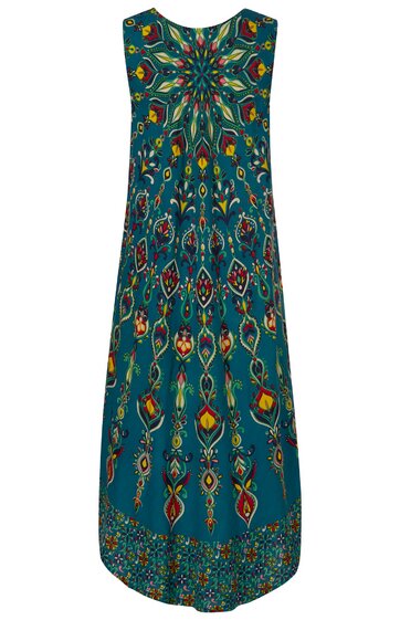 Ärmelloses Kleid in Türkis mit buntem, symmetrischem Mandala-Muster, rundem Ausschnitt, knöchellang, ausgestellte Form, gemusterter Saum
