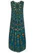 Ärmelloses Kleid in Türkis mit buntem, symmetrischem Mandala-Muster, rundem Ausschnitt, knöchellang, ausgestellte Form, gemusterter Saum