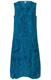 Ärmelloses Midikleid in Türkis mit dunklem, abstraktem Punktmuster, Rundhalsausschnitt, gerade Form, zwei aufgesetzte Taschen vorne