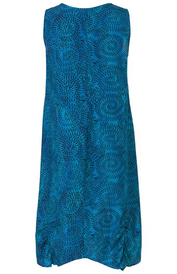 Ärmelloses, knielanges Kleid in kräftigem Blau mit schwarzen, kreisförmigen Mustern, rundem Ausschnitt, lockere Passform