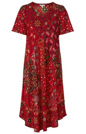 Rotes Kleid mit mehrfarbigem floralem Muster, kurze Ärmel, locker geschnitten, rundem Ausschnitt, knielang, gewellter Saum