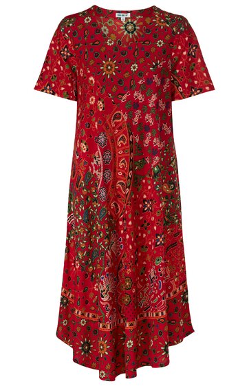 Rotes Kleid mit mehrfarbigem floralem Muster, kurze Ärmel, locker geschnitten, rundem Ausschnitt, knielang, gewellter Saum