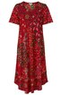 Rotes Kleid mit mehrfarbigem floralem Muster, kurze Ärmel, locker geschnitten, rundem Ausschnitt, knielang, gewellter Saum