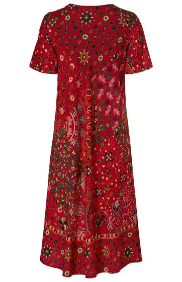 Rotes Midikleid mit kurzem Ärmel, Paisley- und Blumenmuster in mehreren Farben, Rundhalsausschnitt, leicht ausgestellter Schnitt
