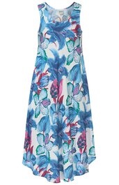 Ärmelloses, bodenlanges Damenkleid in Weiß mit großem Blumenmuster in Blau, Pink und Grün, rundem Ausschnitt, weiter Rock, leichte Falten im Stoff